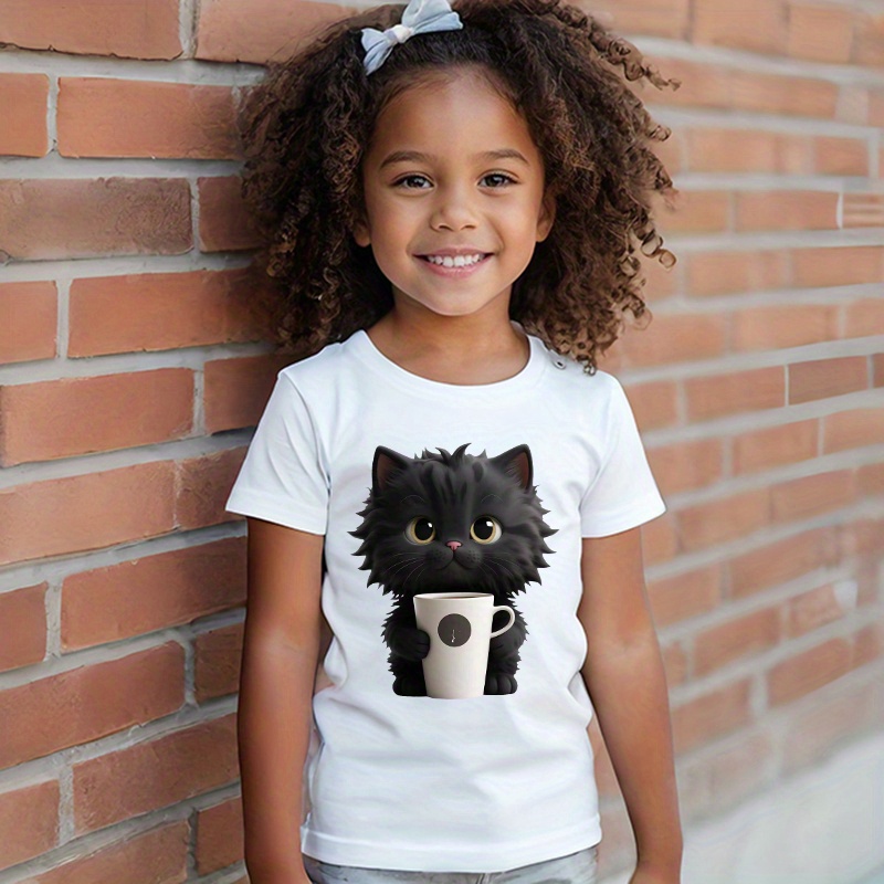 

Girls Cute Cat Print T-shirt, 95% Cotton Short Sleeve Round Neck Top, Comfortable Fashion Casual Style, New Arrival Tee