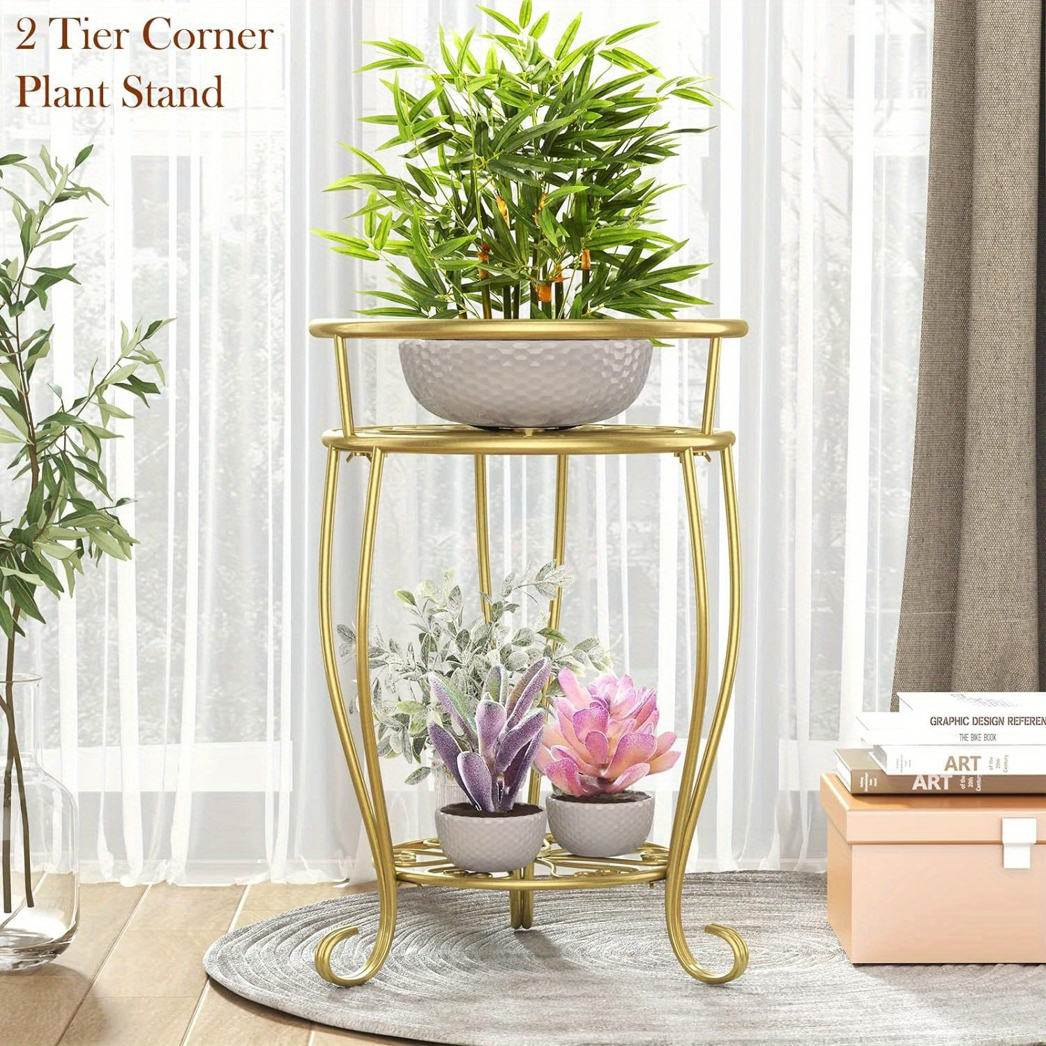 

1 Pack, Metal Plant Stand Indoor Outdoor, 2 Tier Tall Flower Pot Shelf Planter Holder Pedestal Round Sheves Rustproof Wrought Iron Heavy Duty Rack For Corner Garden, Golden, 19.37 Inch