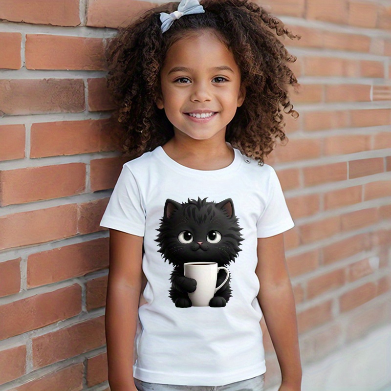 

Girls Cute Cartoon Black Cat Print T-shirt, 95% Cotton Round Neck Comfort Fit Short Sleeve Tee, Casual Style