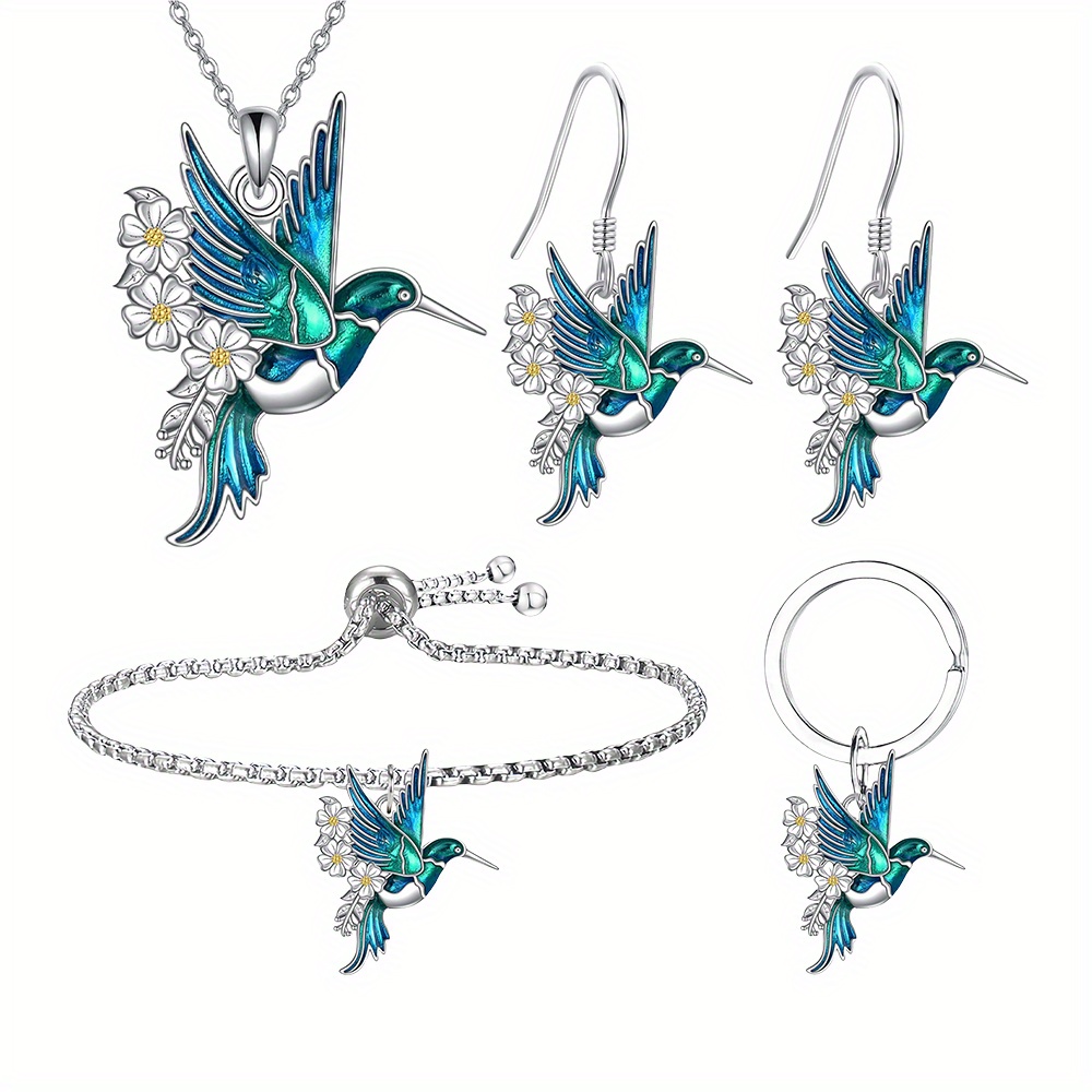 

Fashionable And Hummingbird And Daisy Earrings, Bracelets, Keychains And Necklaces, Four-piece Set For , Birthday And Christmas Gifts