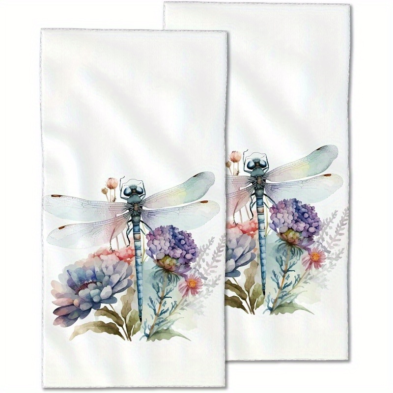 

2pcs, Watercolor Dragonfly Fingertip Towel Bathtub Decorative Bath Towel Bathroom Kitchen Towel Set Highly Absorbent Spa Gym Towel 18 X 26 Inches