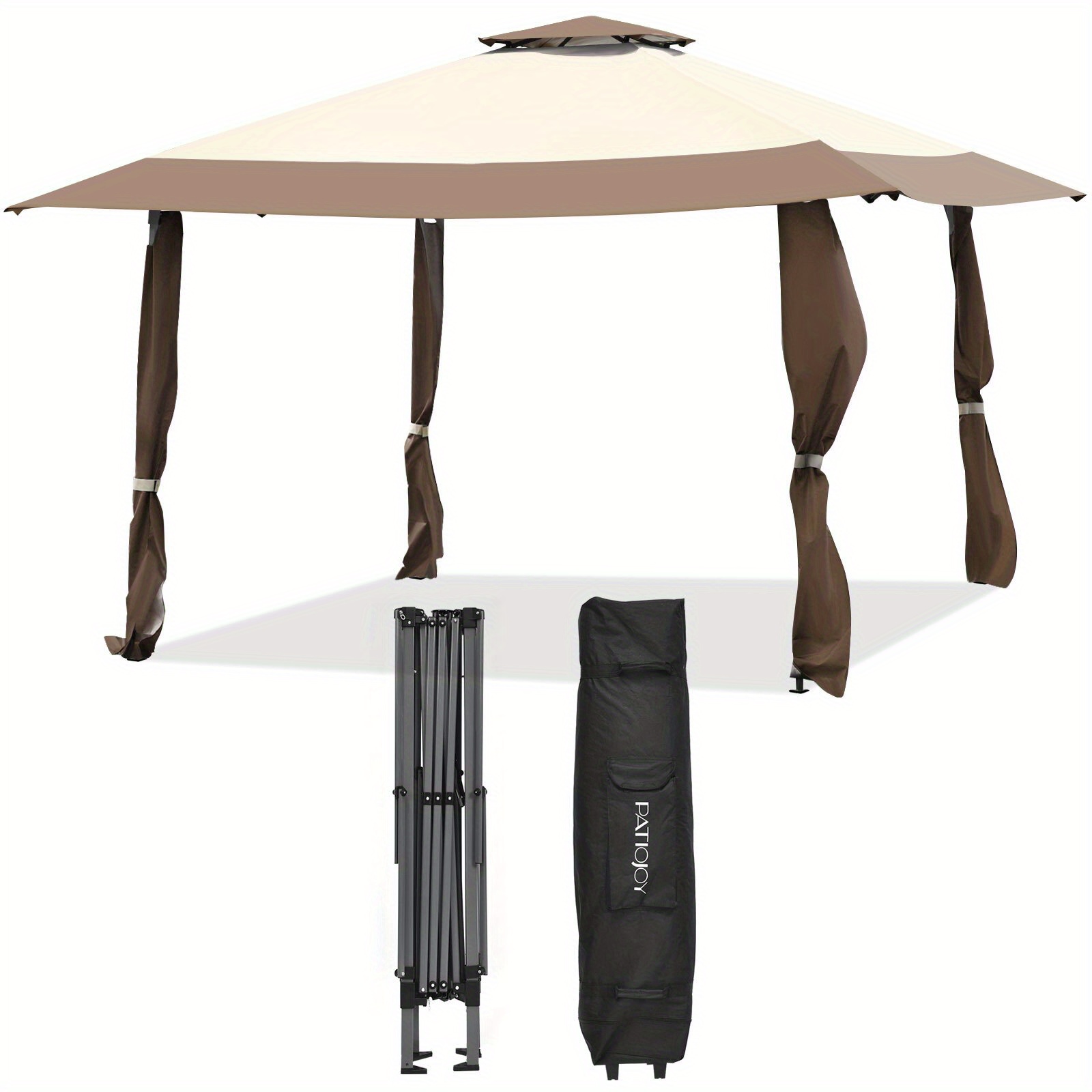 Image of 4 M X 4 M Canopy Tent, Gazebo Canopy W/ 2-tier Roof, Silver-coated Oxford Fabric & Powder-coated Steel, 3 Adjustable , Ideal For Yard, Patio, Beach & Park, Brown/ Blue/ Green + Beige