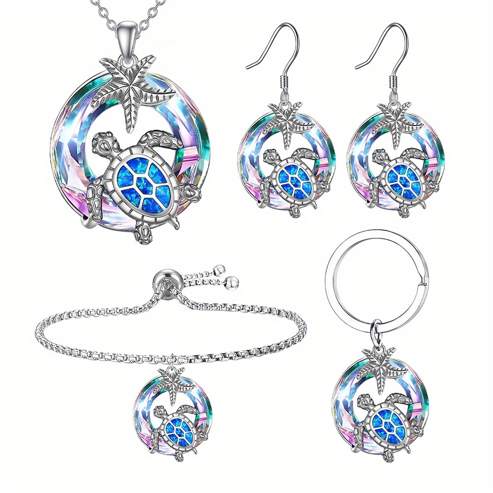 

Sea Turtle And Starfish Fashion Round Earrings Necklace Bracelet Keychain Four-piece Set For Birthday Christmas Gifts