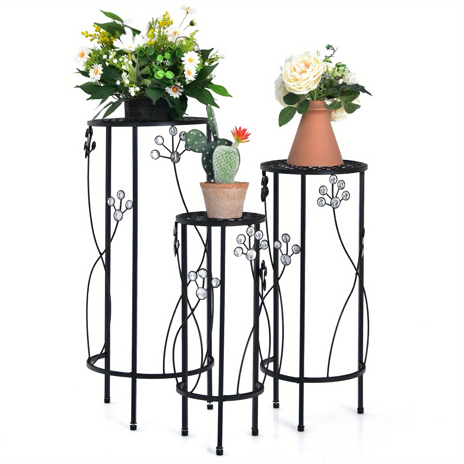 

Lifezeal 3 Pcs Metal Plant Stand Set Plant Pot Holder W/crystal Floral Accents Round