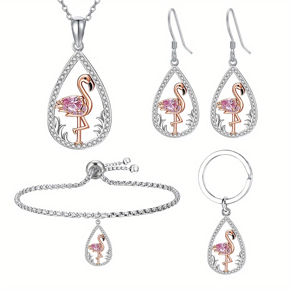 TEMU Fashionable And Flamingo Pink Necklace Earrings Bracelet Keychain Four-piece Set For Birthday Christmas Gifts