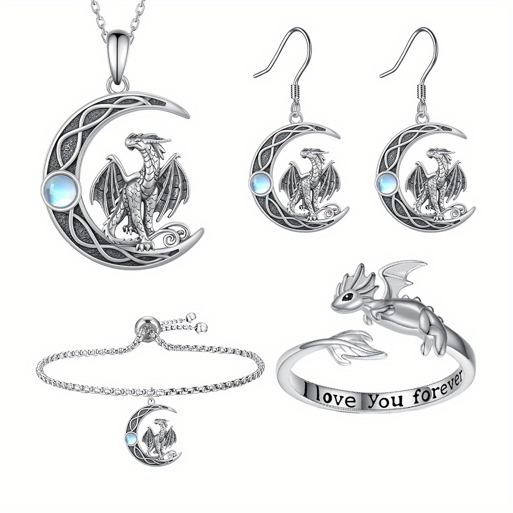 

Fashion Retro Dragon And Moon Earrings Necklace Bracelet Ring Four-piece Set For Birthday Christmas Gifts