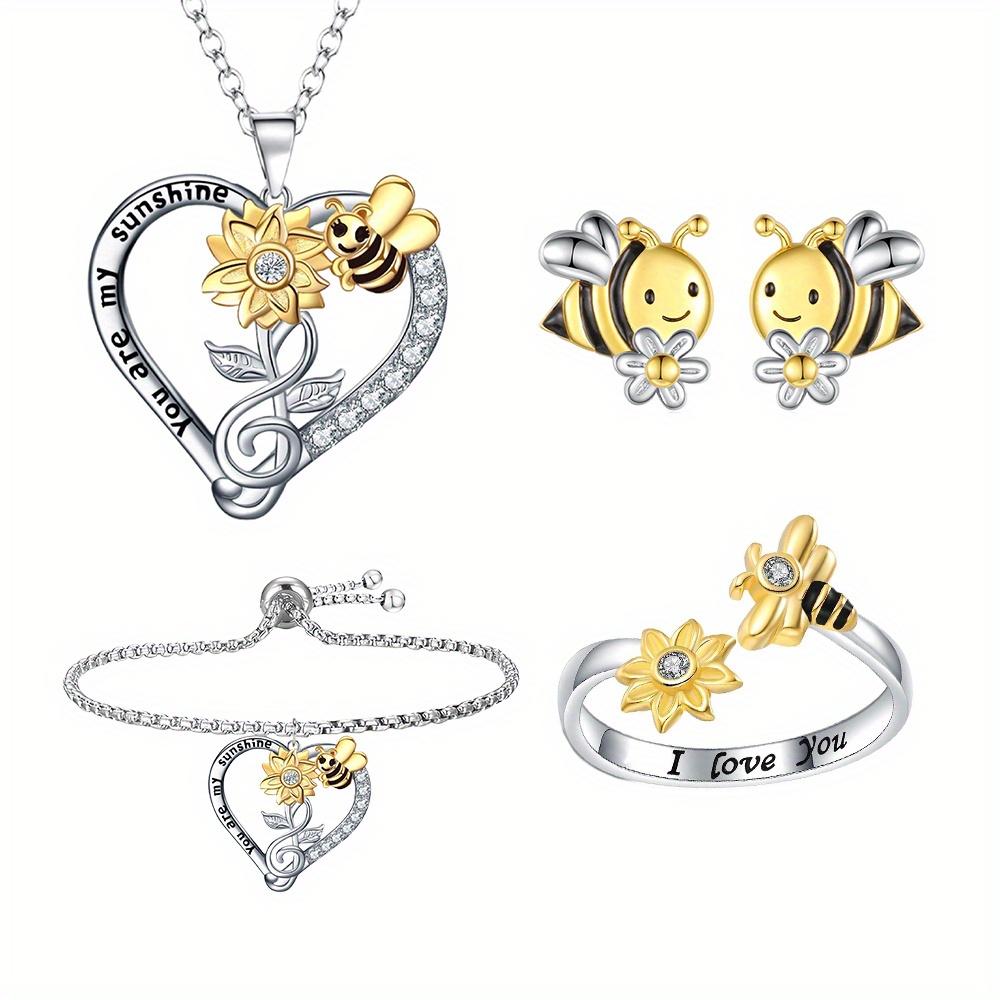 

Cute Cartoon Necklace Ring Bracelet Earrings Four-piece Set For Women And Girls Birthday Christmas Gift