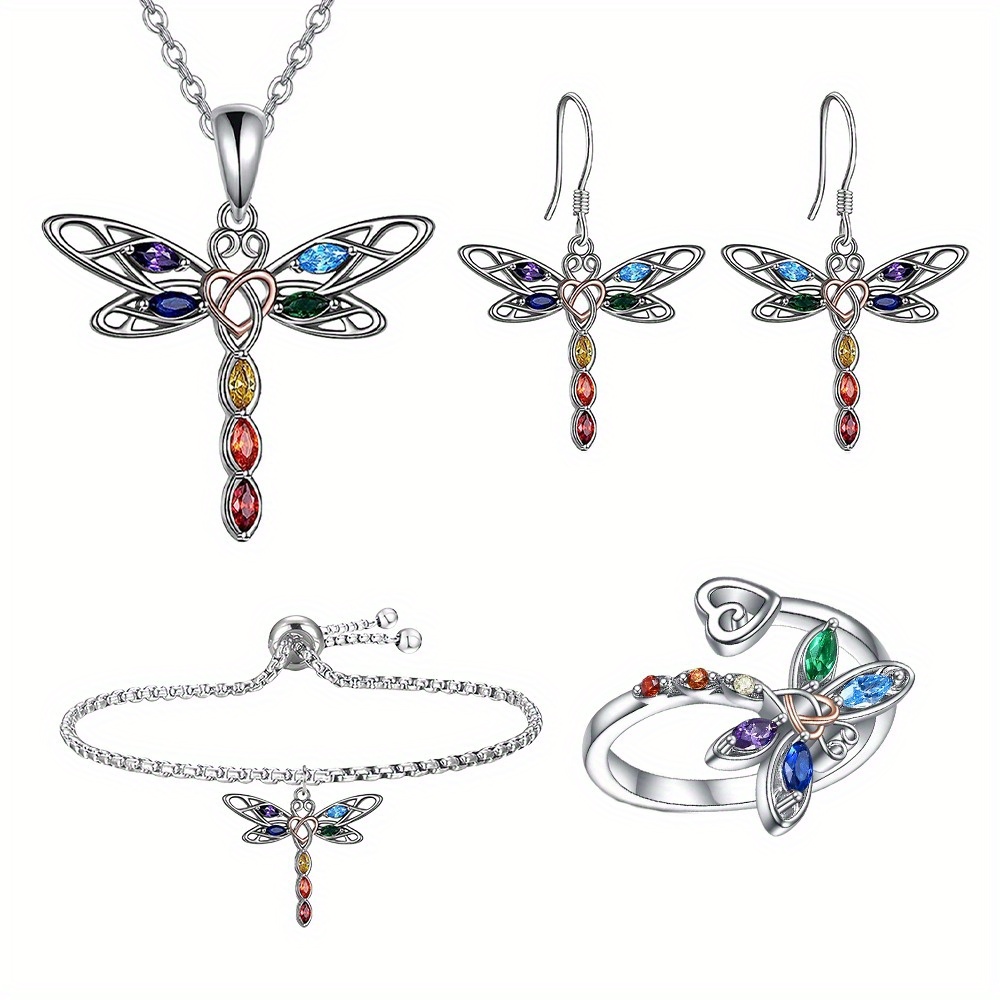 

Fashionable And Dragonfly Earrings, Rings, Necklaces And Bracelets Four-piece Set For Birthday Christmas Gifts