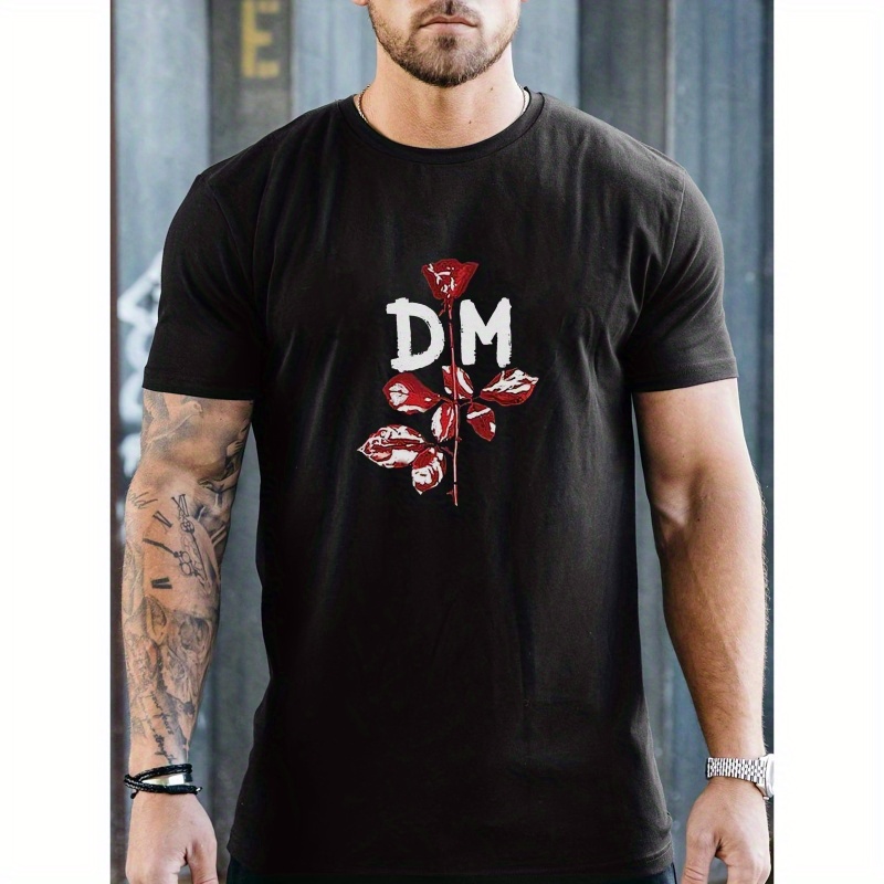 

Flower & Dm Letters Print Men's Crew Neck Short Sleeve T-shirt, Slightly Elastic, Comfy Summer Top For Daily Wear