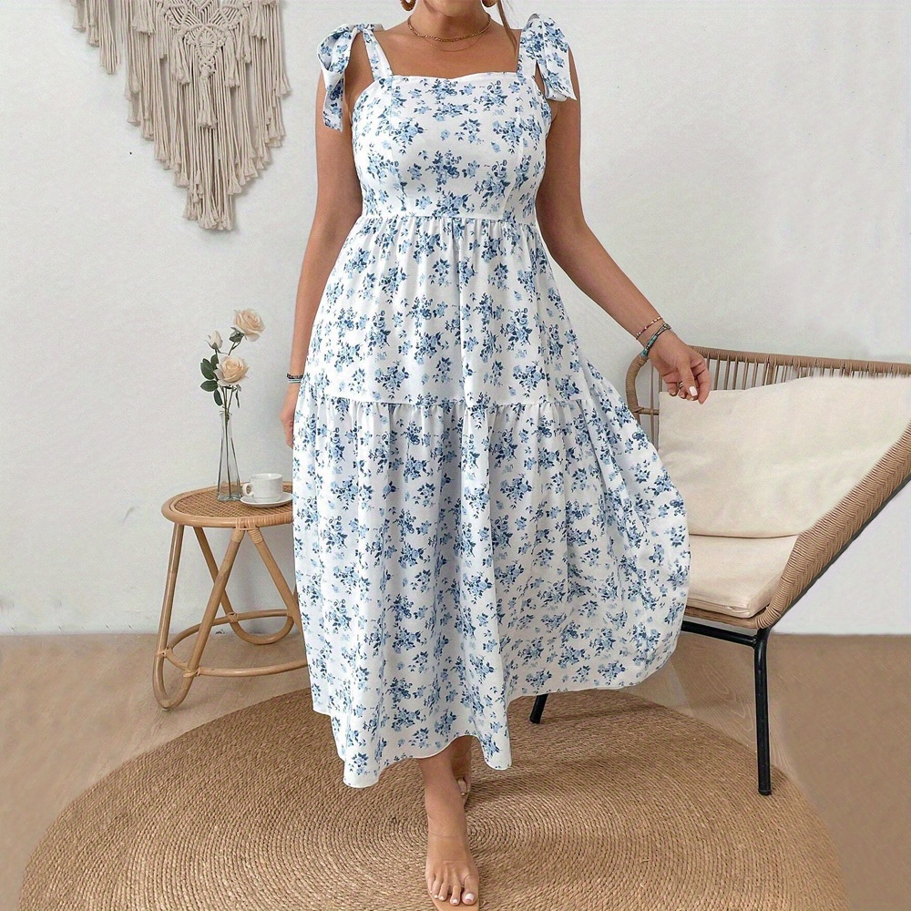 

Plus Size Floral Print Cinched Waist Dress, Casual Square Neck Layered Short Sleeve Knot Shoulder Dress For Spring & Summer, Women's Plus Size Clothing