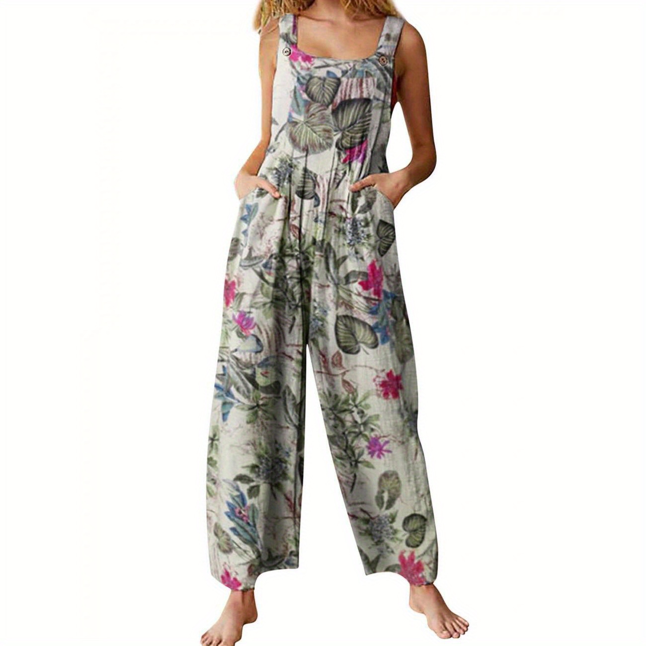 

Floral Print Wide Leg Overalls Jumpsuit, Elegant Square Neck Slid Pockets Sleeveless Overalls Jumpsuit For Spring & Summer, Women's Clothing