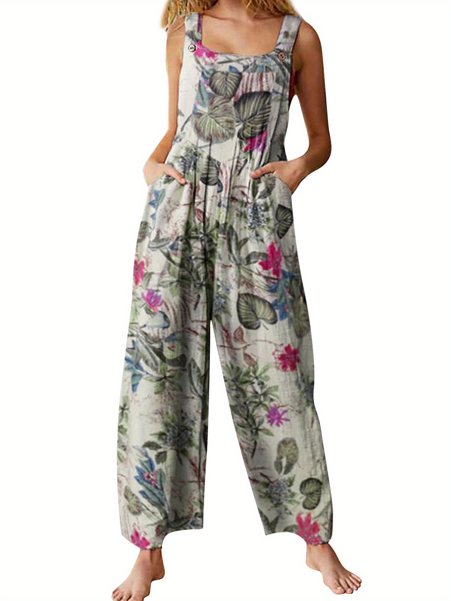 womens plus size floral print jumpsuit retro boho style Temu