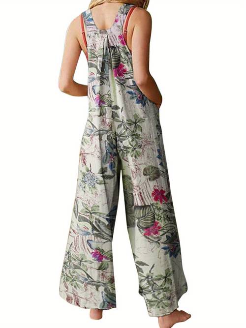 women plus sizes jumpsuit leaf floral neck sleeveless casual overalls with pockets for girls 3 colors