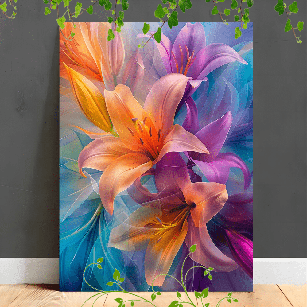 

1pc Wooden Framed Canvas Painting Suitable For Office Corridor Home Living Room Decoration Abstract Lilies, Vibrant Colors, Flowing Petals, Soft Background, Intricate Details
