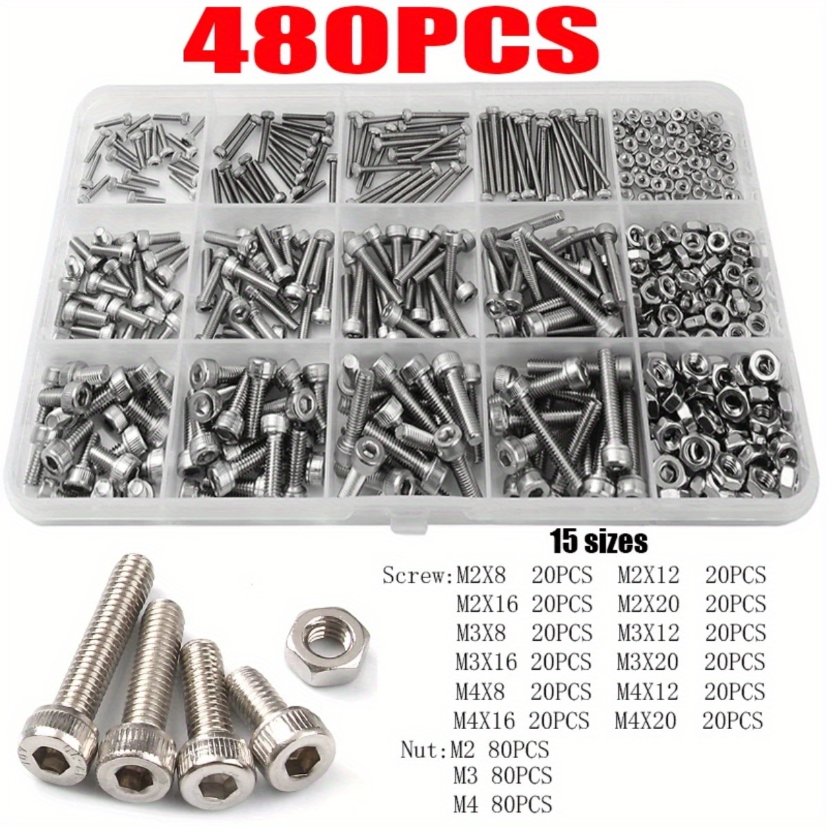 

480pcs Screws Set M2 M3 M4 304 Stainless Steel Allen Bolt Hex Hexagon Socket Head Cap Screws Nut Assortment Kit