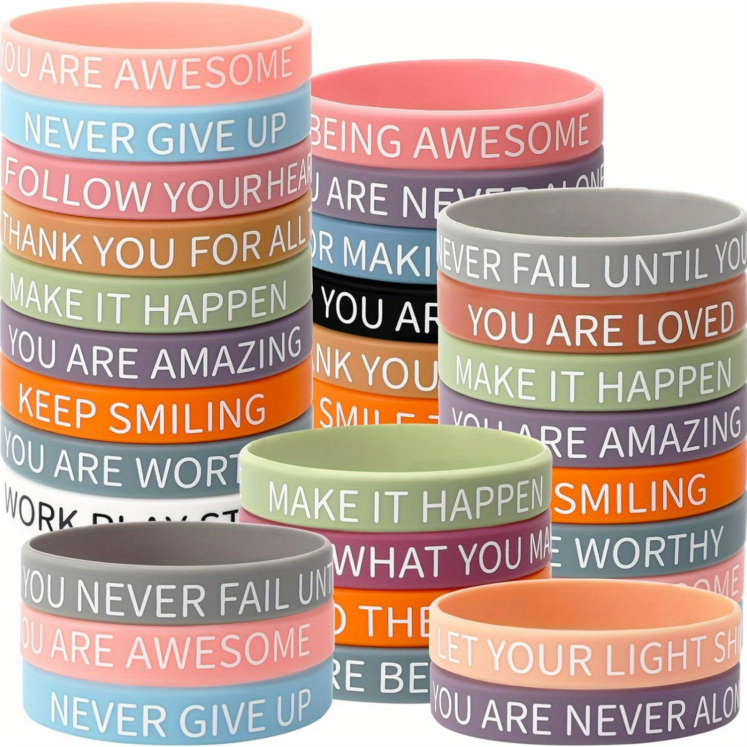 

12pcs/24pcs Motivational Silicone Bracelets Bulk Colored Inspirational Wristbands Accessories For Adult Home Office Party Favor Gifts Supplies Christmas Gifts