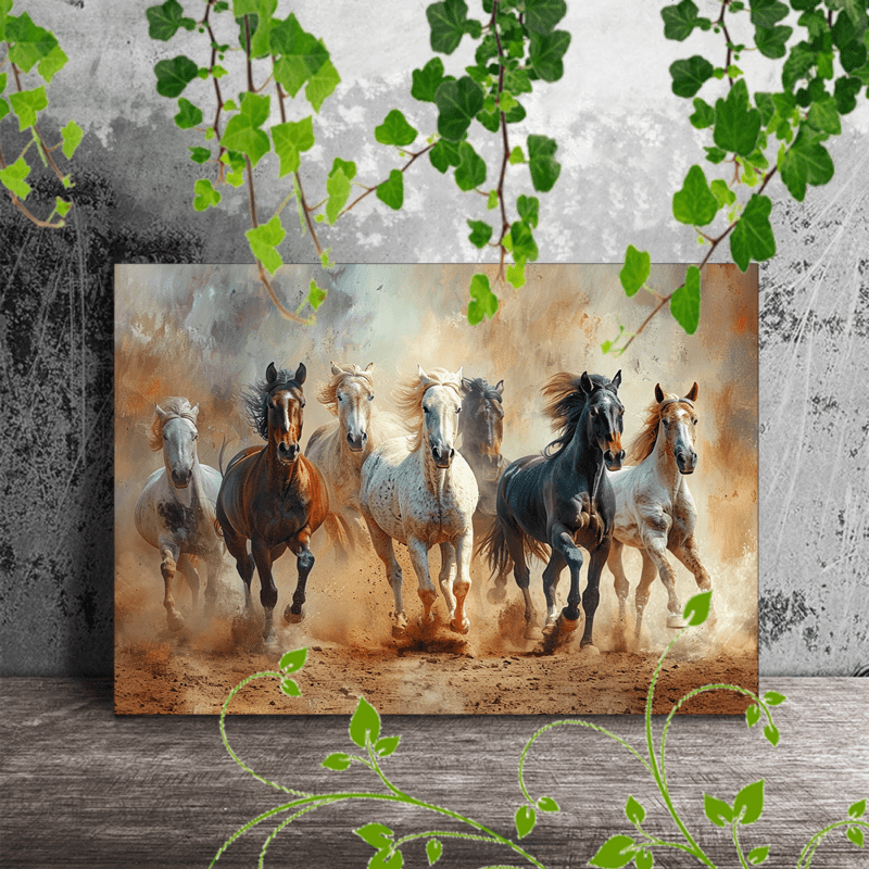 

1pc Wooden Framed Canvas Painting Suitable For Office Corridor Home Living Room Decoration Running Horses, Diverse Colors, Dynamic Movement, Dusty Background, Panoramic Composition