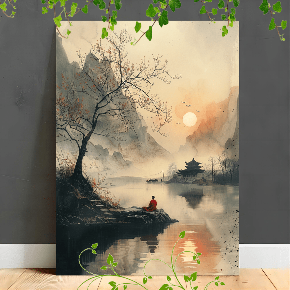 

1pc Wooden Framed Canvas Painting Suitable For Office Corridor Home Living Room Decoration Sunset, Mountain Lake, Traditional Asian Building, Bare Tree, Person In Red, Calm Water, Serene Landscape.(1