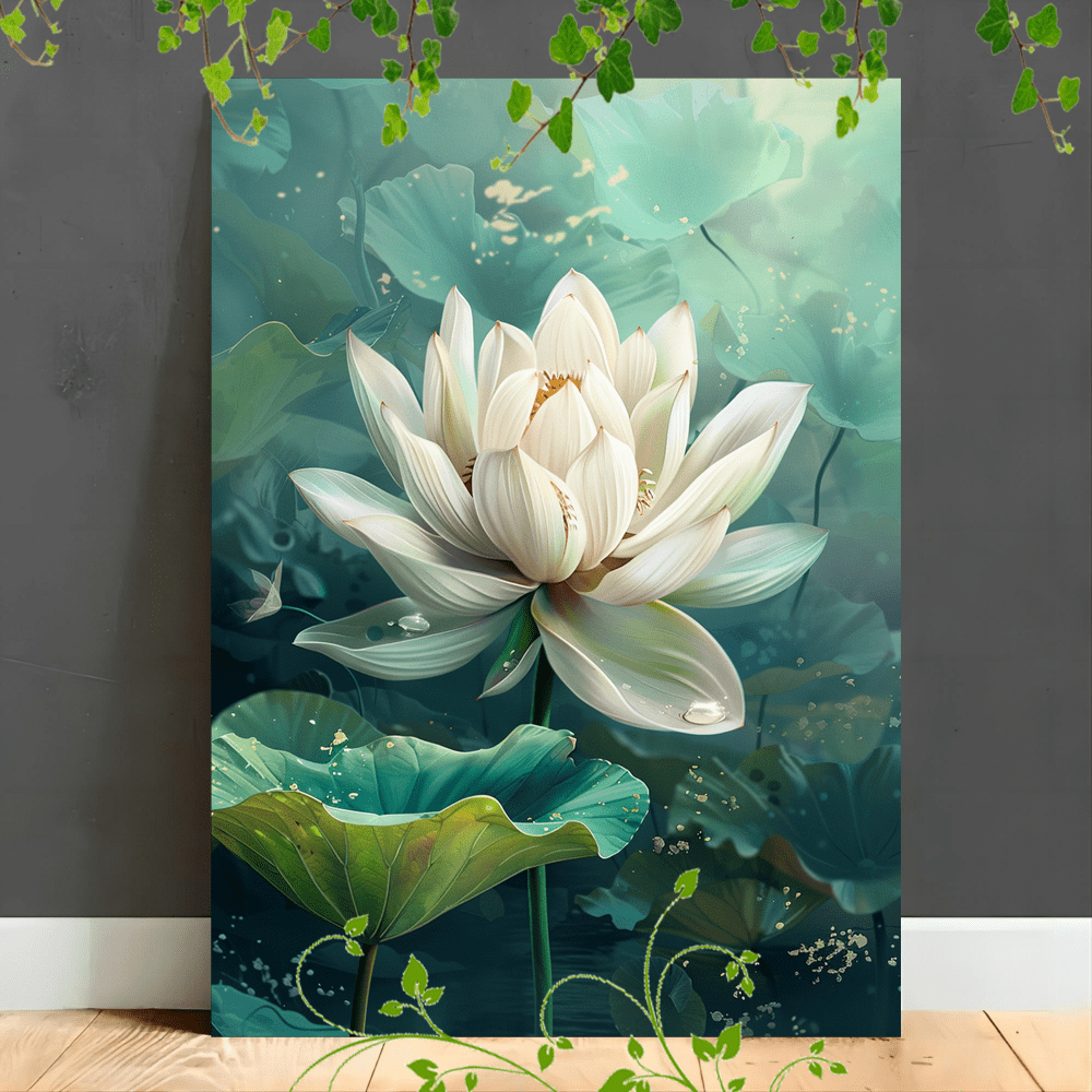 

1pc Wooden Framed Canvas Painting Suitable For Office Corridor Home Living Room Decoration White Lotus Flower, Green Leaves, Soft Gradient Background, Detailed Petals, Serene Atmosphere (1)