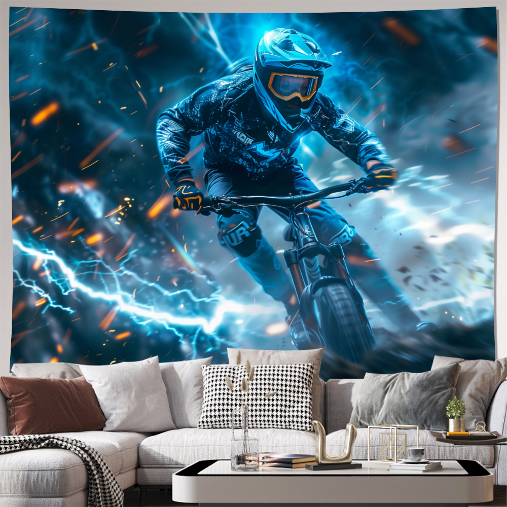 

Mountain Biker Wall Art - Vibrant Blue And Orange Design - Home Decor - Canvas Print - Ready To Hang - 95"x240