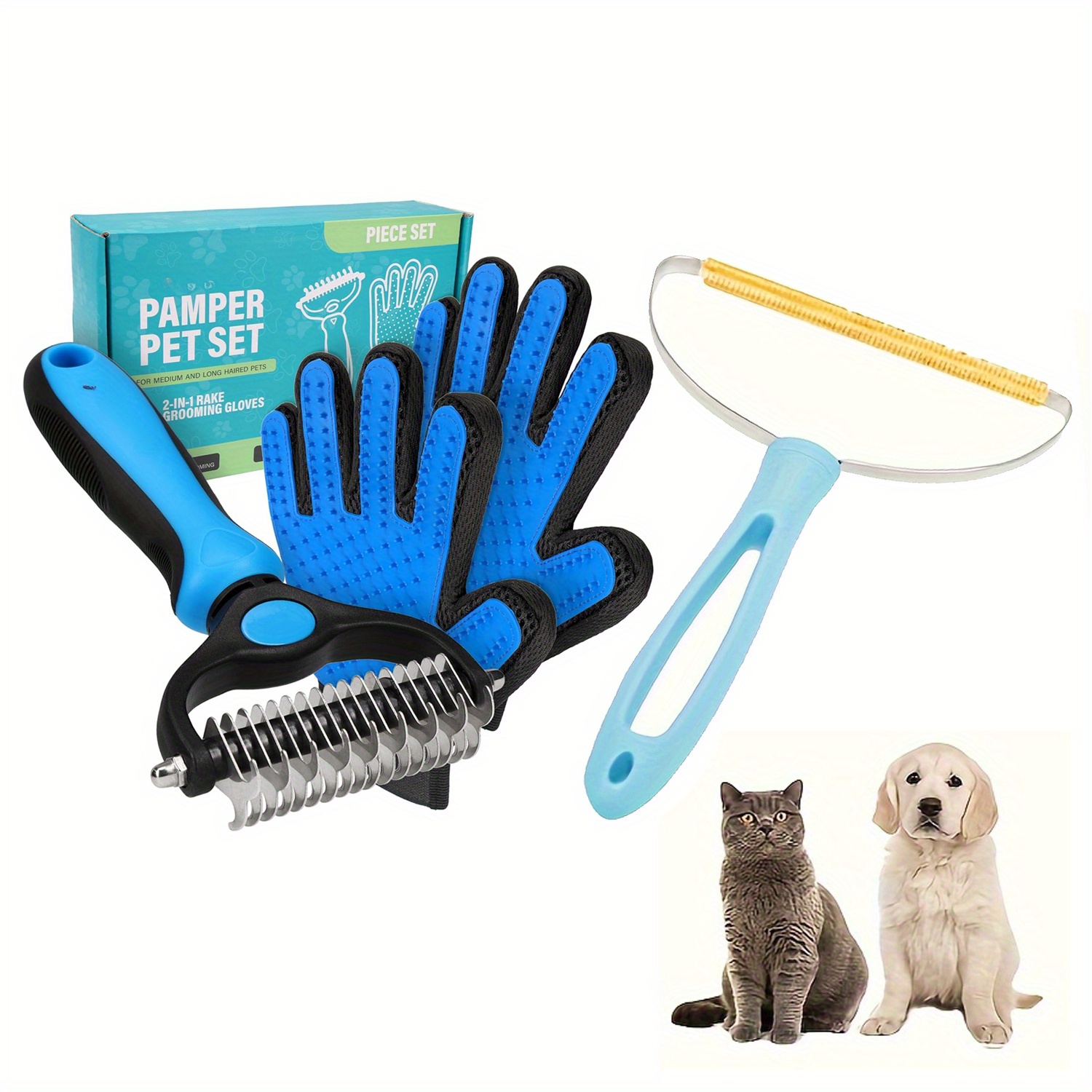 

Pet Grooming Brush And 2x Grooming Gloves Combo - Double Sided Dematting, Deshedding Undercoat Rake For Dogs - Cat Brush, Dog Brush Shedding, Pet Brush - Shedding - Blue