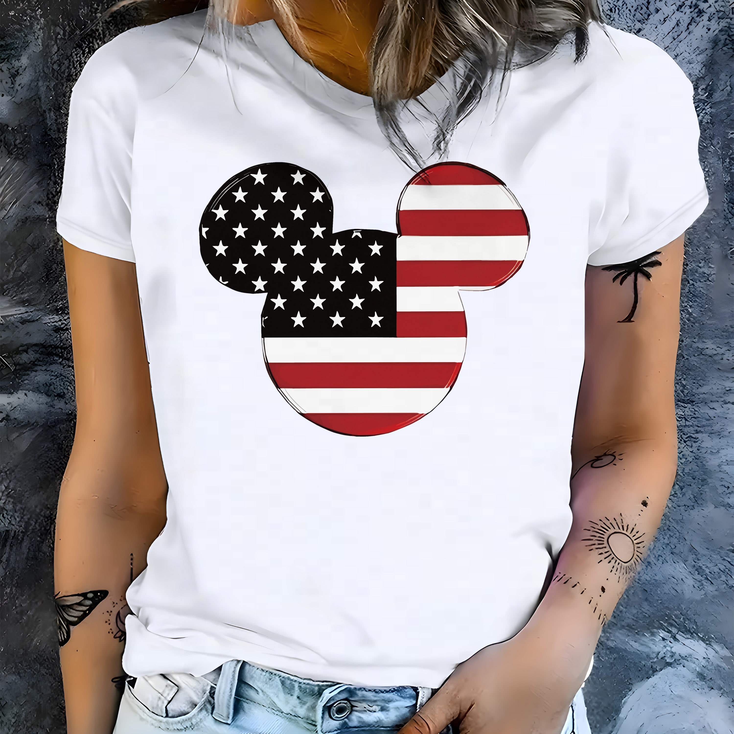 

American Flag Like A Mouse Graphic Short Sleeves Causal Sports T-shirt, Stylish Round Neck Workout Tops, Women's Activewear