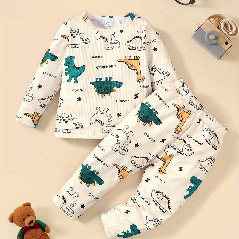 

2pcs Baby's Cartoon Dinosaur Pattern Ribbed Long Sleeve T-shirt & Casual Pants Set, Infant & Toddler Boy's Clothes For Spring Summer Daily Wear