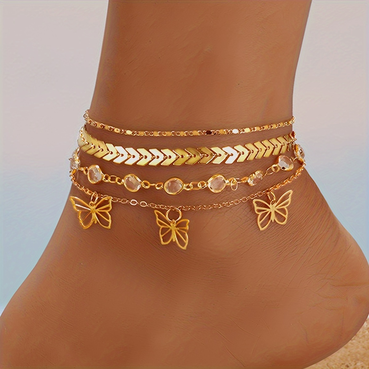 

4 Pcs Hollow Out Butterfly Shape Pendant Chain Anklet Set Stackable Ankle Bracelet For Women