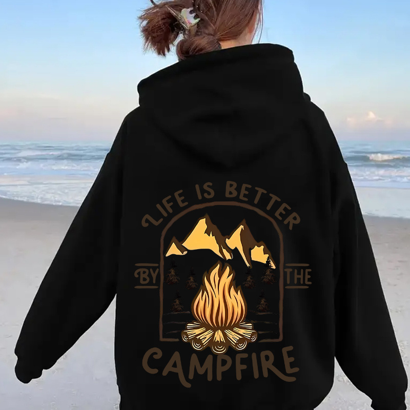 

Campfire Print Kangaroo Pocket Hoodie, Casual Long Sleeve Drawstring Hooded Sweatshirt, Women's Clothing