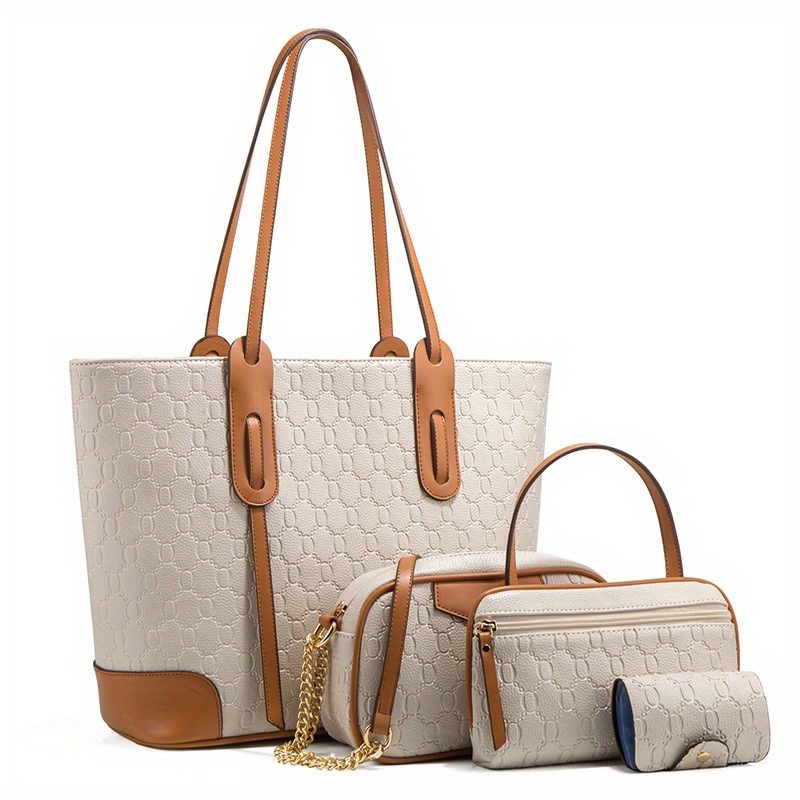4pcs embossed pattern bag set stylish womens tote bag with chain crossbody bag classic handbag complete set for versatile styling options