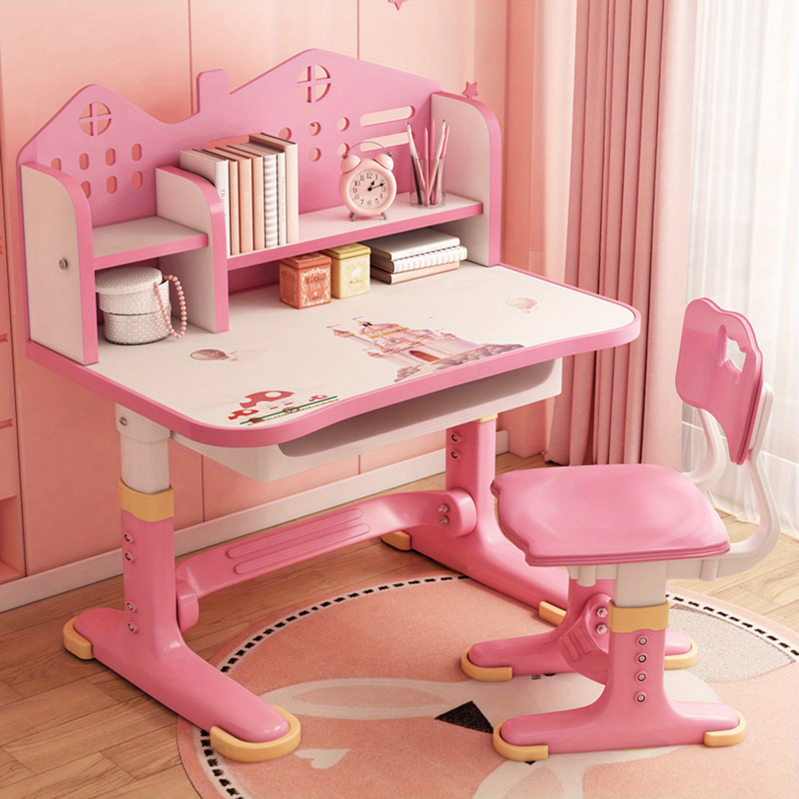 

1 41.37*29.75*24.63 Inches Children's Functional Desks And Chairs Set, Height Adjustable School Study Table With Castle Back, Wider Desktop, Bookshelf And Storage Drawer (pink)