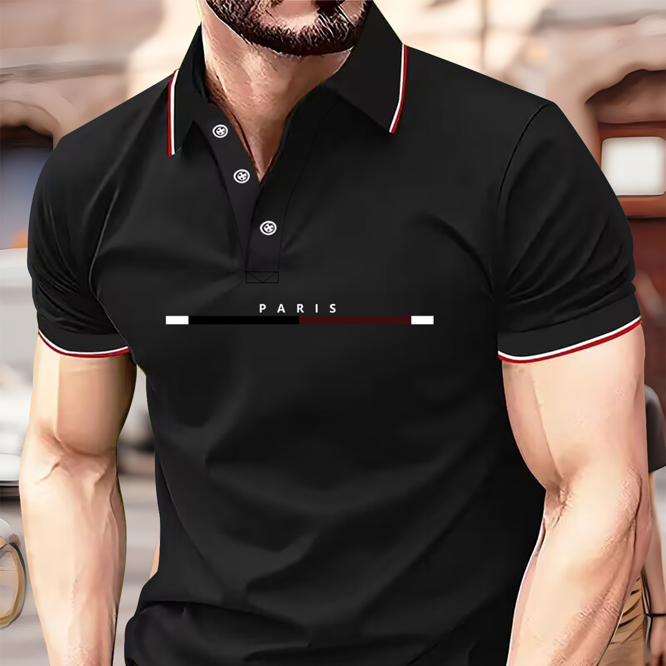 

Paris Letter Creative Print Casual Golf Shirt For Men, Polyester Short Sleeve, Regular Fit, Collared Button Summer Apparel For Everyday Wear