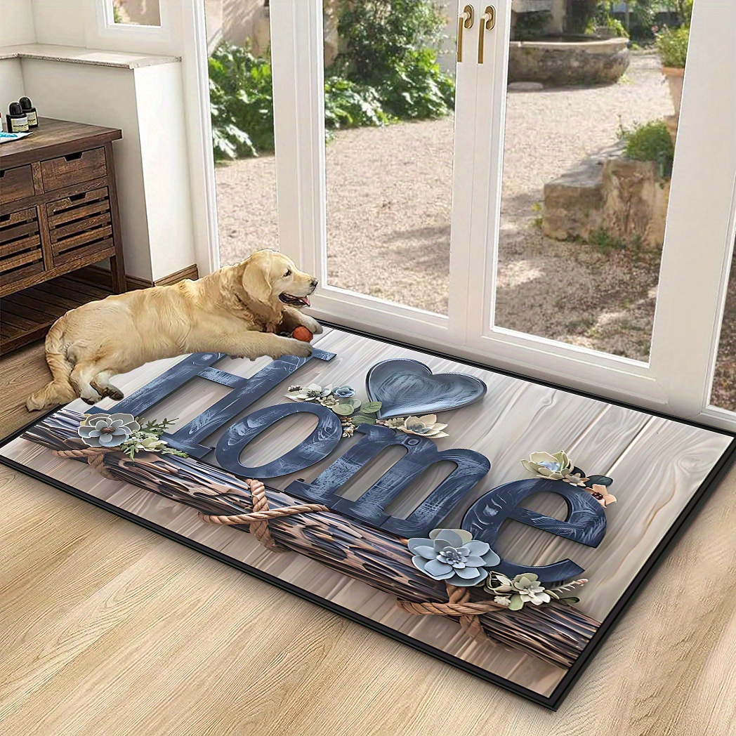 Image of 1pc & Heart - Soft Indoor/outdoor Mat Suitable For Office, Bedroom, Bathroom, Kitchen, Patio, Garden - Modern Home Decor With Elegant Blue Flower