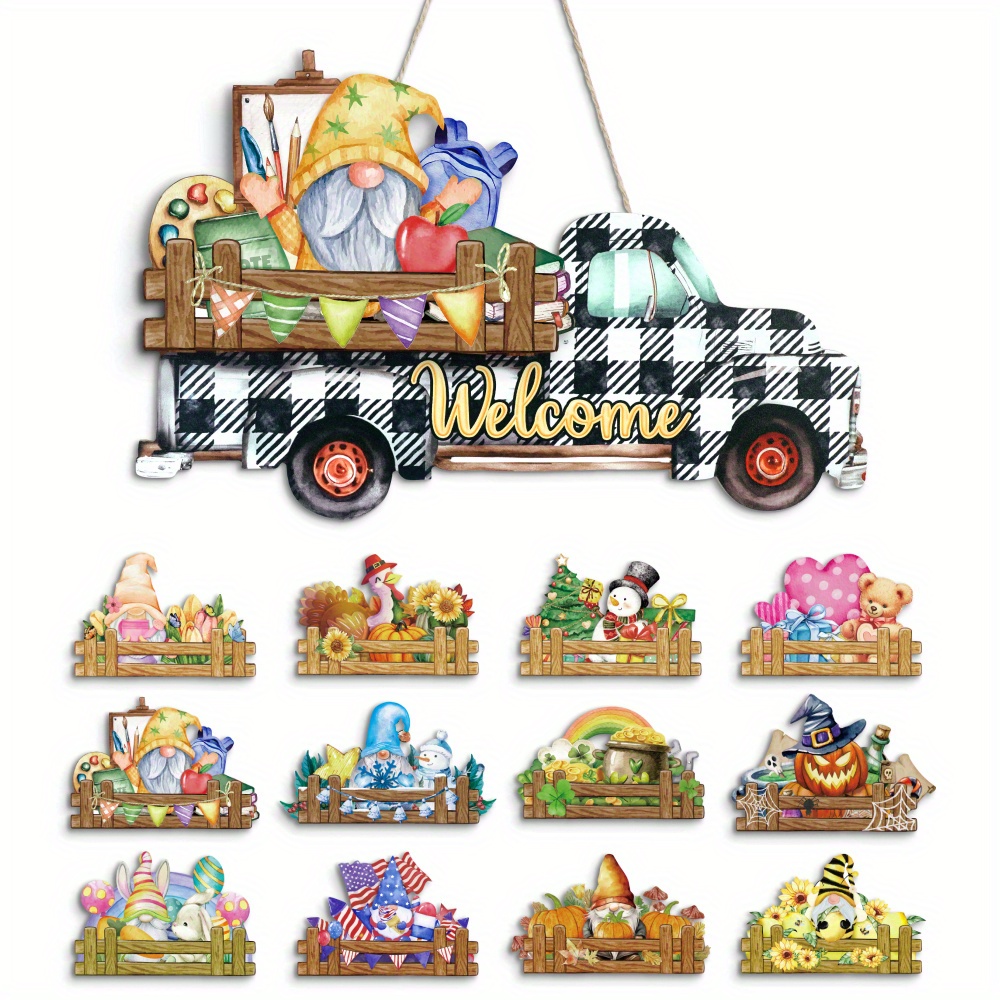 TEMU Putuo Decor 13pcs Interchangeable Welcome Sign Seasonal, Wood Holiday Welcome Door Sign, Interchangeable Holiday Decor For Halloween Fall Winter