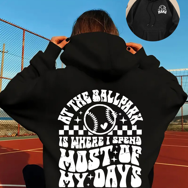 

Baseball Mama Print Drawstring Hoodie, Casual Long Sleeve Kangaroo Pocket Hoodie Sweatshirt, Women's Clothing