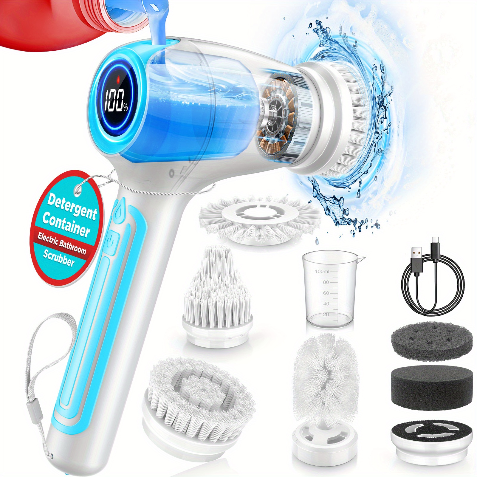 

Cordless & Rechargeable 3200mah Electric Spin Scrubber With Detergent Container & Led Display Screen, Scrubber Tools With 8pcs Replaceable Brush Heads For Cleaning Tub/tile/floor/bathroom