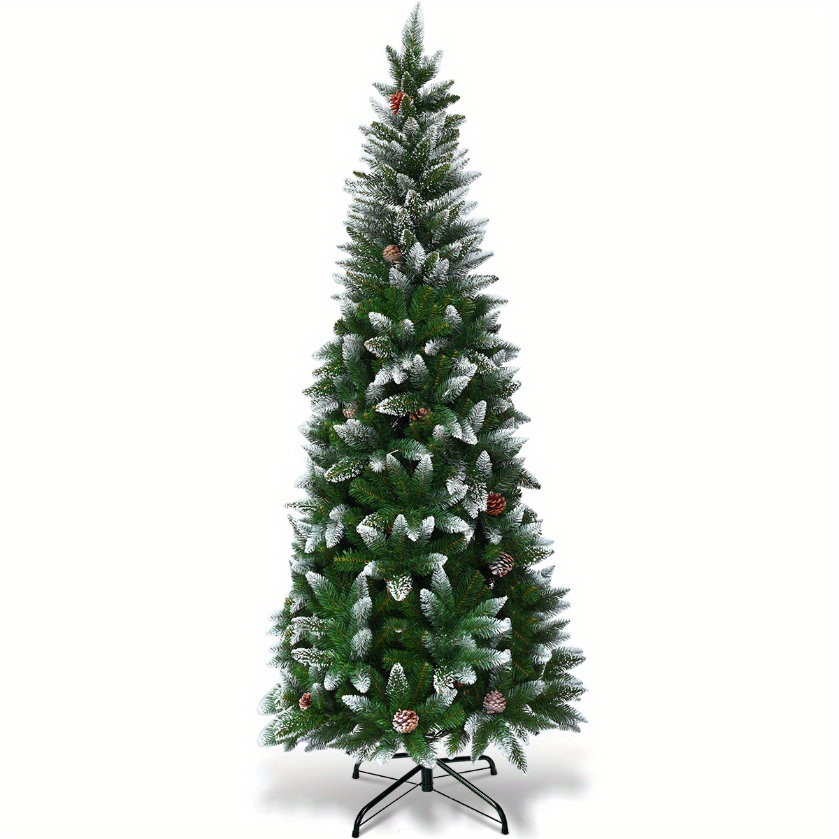 

6ft Snow Flocked Unlit Artificial Pencil Christmas Tree Hinged W/ Pine Cones