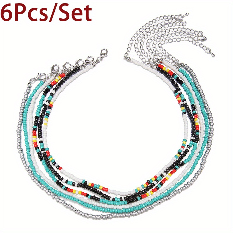 

6pcs/set New Bohemian Seed Bead Necklaces, Boho Hawaiian White Layered Collar Necklaces, Glass Beaded Choker Jewelry For Women Girl Ideal Fashion Holiday Gifts