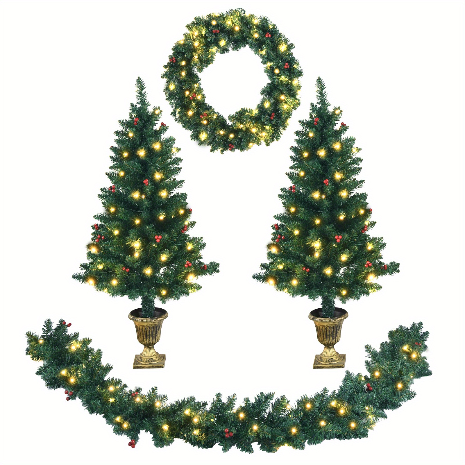 

4pcs Pre-lit Christmas Decoration Set W/ Garland Wreath & Entrance Trees