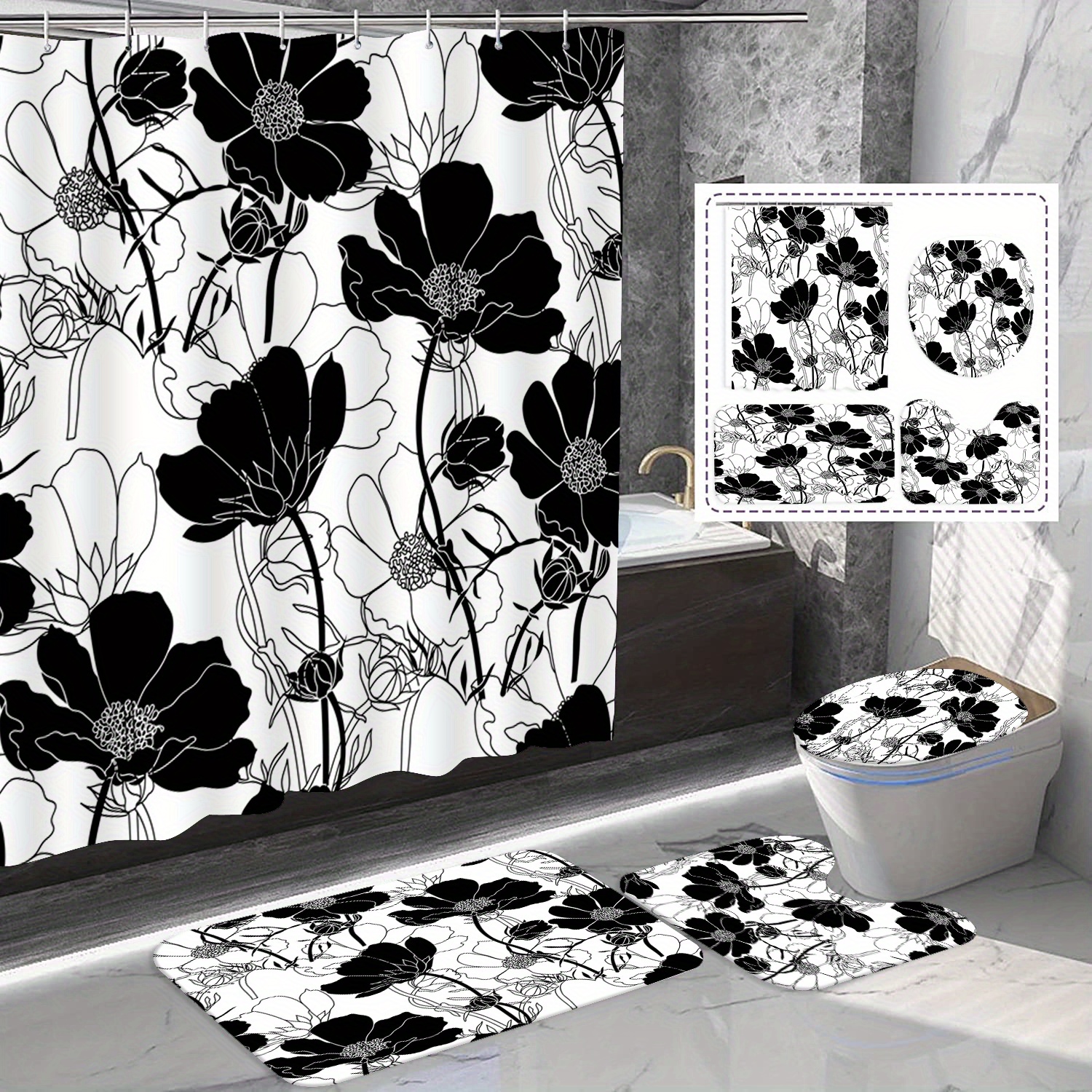 

1/4pcs Black And White Floral Shower Set, Floral Aesthetic Shower Decor, Bath Mat, Toilet Cover Mat And U-shaped Rug, Waterproof Bathtub Curtains 71x 71inch, Bathroom Home Decor