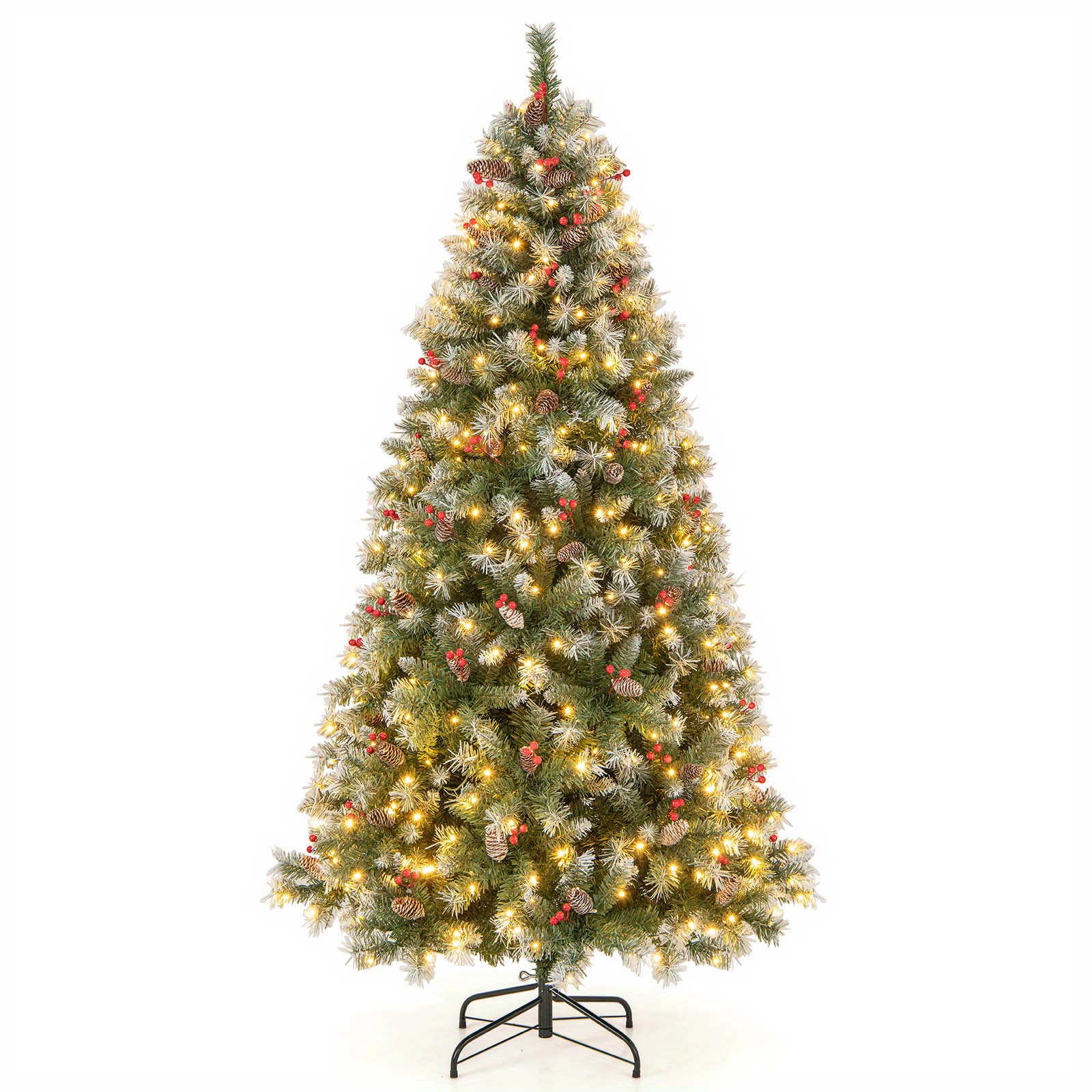 

7.5ft Artificial Christmas Tree Hinged W/ 560 Warm Led Lights & 267 Red Berries, Holiday Party Decorations