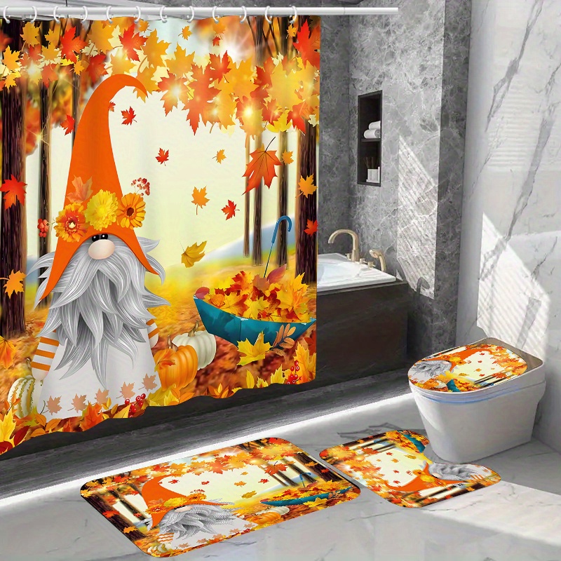 

Festive Autumn Gnome Shower Curtain Set With 12 Hooks: Includes Toilet Seat Cover, Bathroom Mat, And Window Curtain - Waterproof Polyester Fabric, Washable, And Suitable For Windows And Bathrooms