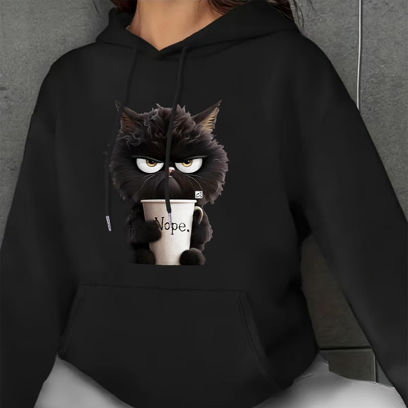 

Cat Print Kangaroo Pocket Hoodie, Casual Long Sleeve Drawstring Hooded Sweatshirt, Women's Clothing