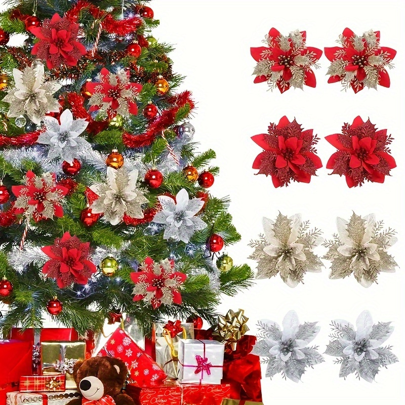 30pcs Set, Pink-Bordered Shiny 5.9-Inch Poinsettia Artificial Double-Layer Christmas Flowers with Sparkling Tree Decorations and Wreath Accessories for Holiday Parties & Weddings – Includes 30 Stems + 30 Clips
