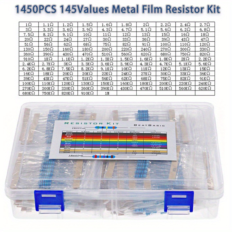 assortment of metal film resistors 1450pcs ranging from 1 ohm to 1m ohm with 1 tolerance and 1 4w   ideal for and experiments