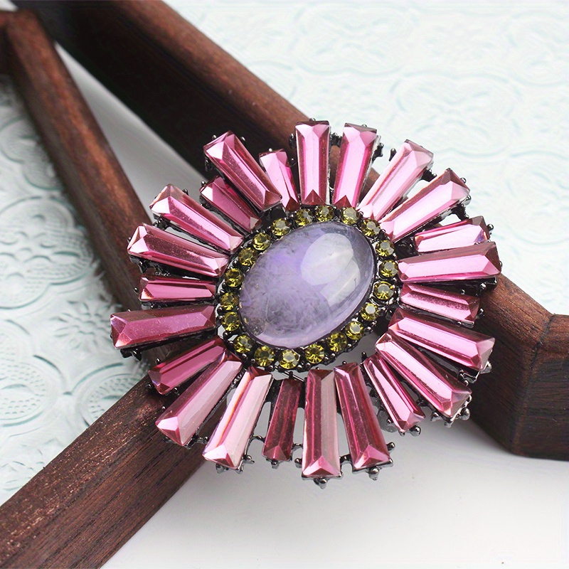 Image of Vintage Exaggerated Resin Pink Purple Strip Stone Sunflower Inlaid With Colored Rhinestone Brooch
