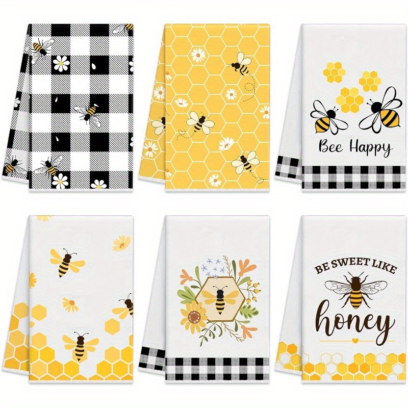 

6-piece Bee-themed Kitchen Towels Set - Woven Polyester Blend, Contemporary Style Insect Design, Super Soft Hand & Dish Towels, Machine Washable, Oblong Shape 18x26 Inches For Home And Bathroom Decor