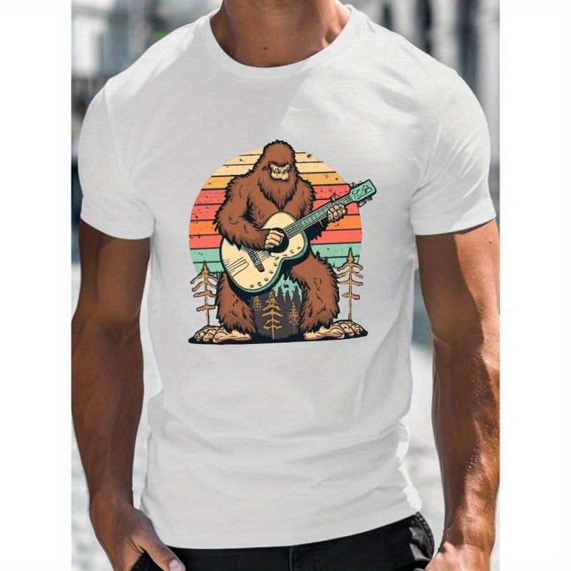 

Sasquatch Guitar Print, Men's Round Crew Neck Short Sleeve Tee, Casual T-shirt Comfy Lightweight Top For Summer