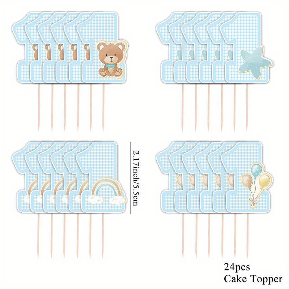Set Of 24 Cartoon Bear Cupcake Toppers In Pink And Blue, Featuring No.1 Figures On Bamboo Sticks, Perfect For Cake Decorations For A First Birthday Celebration
