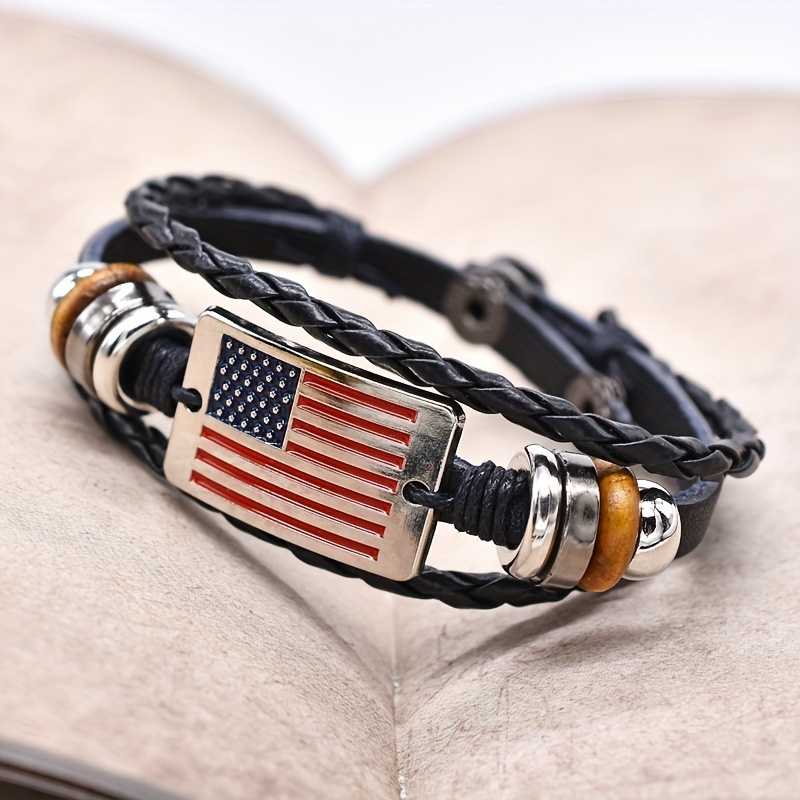 TEMU 1pc Patriotic American Men's & Women's Bracelet - Premium Leather Adjustable Braided Cord With Metallic Clasp, Modern Minimalist Style For Casual & Formal Wear